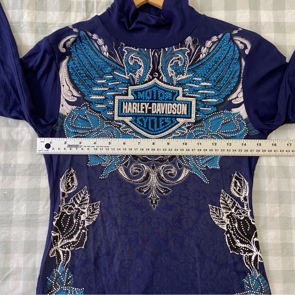 HARLEY-DAVIDSON top sequin lightweight open back long sleeves blue bikercore - Picture 9 of 14